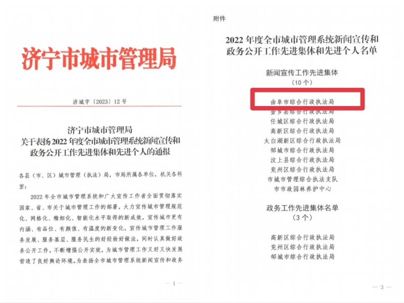 關于表揚2022年度全市城市管理系統新聞宣傳和政務公開工作先進單位和先進個人的通報